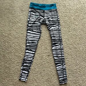 Underarmour Striped Black and White Leggings with Teal Waistband